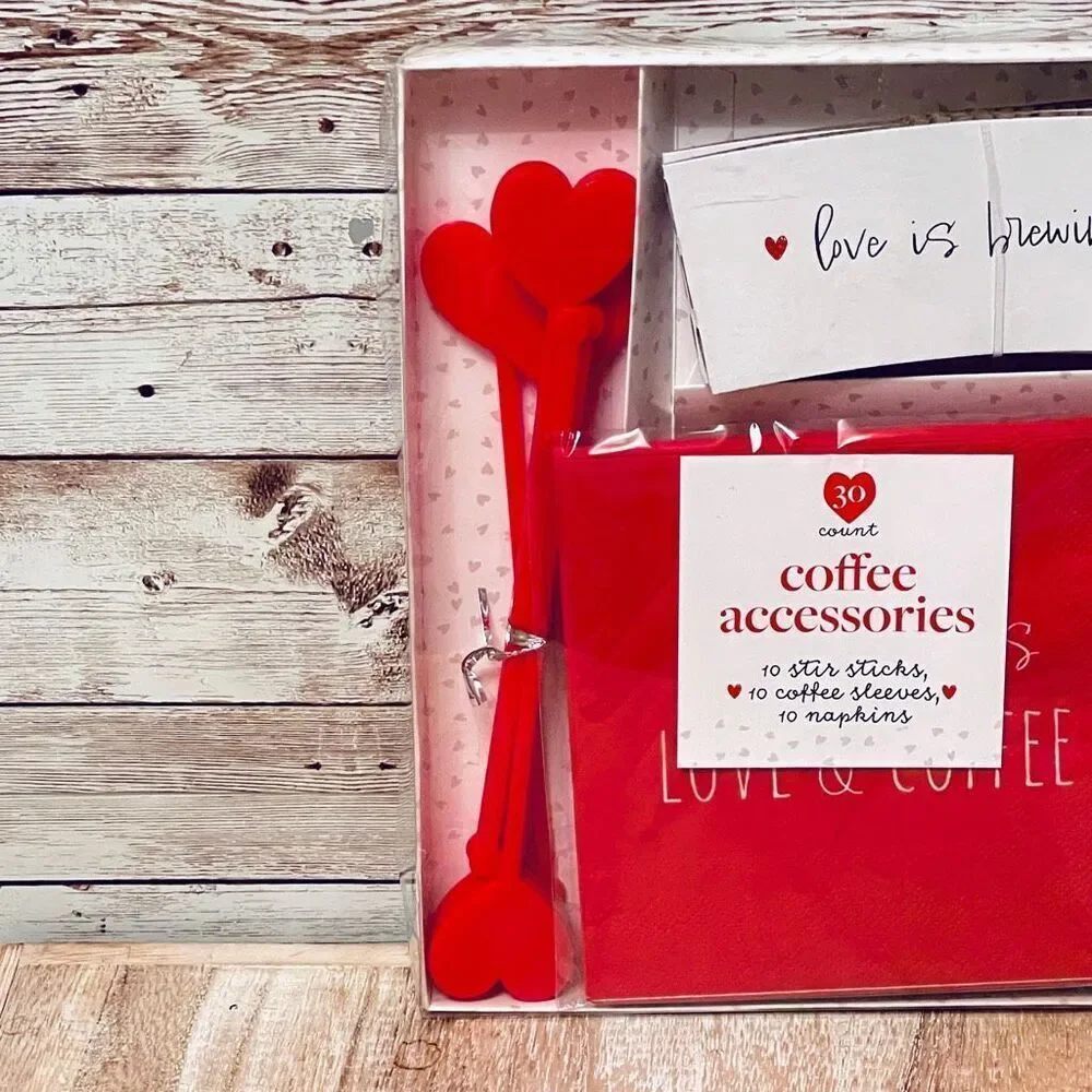 NWT 30 pc Red Set coffee accessories 10 stir sticks,10 coffee sleeves,10 napkins